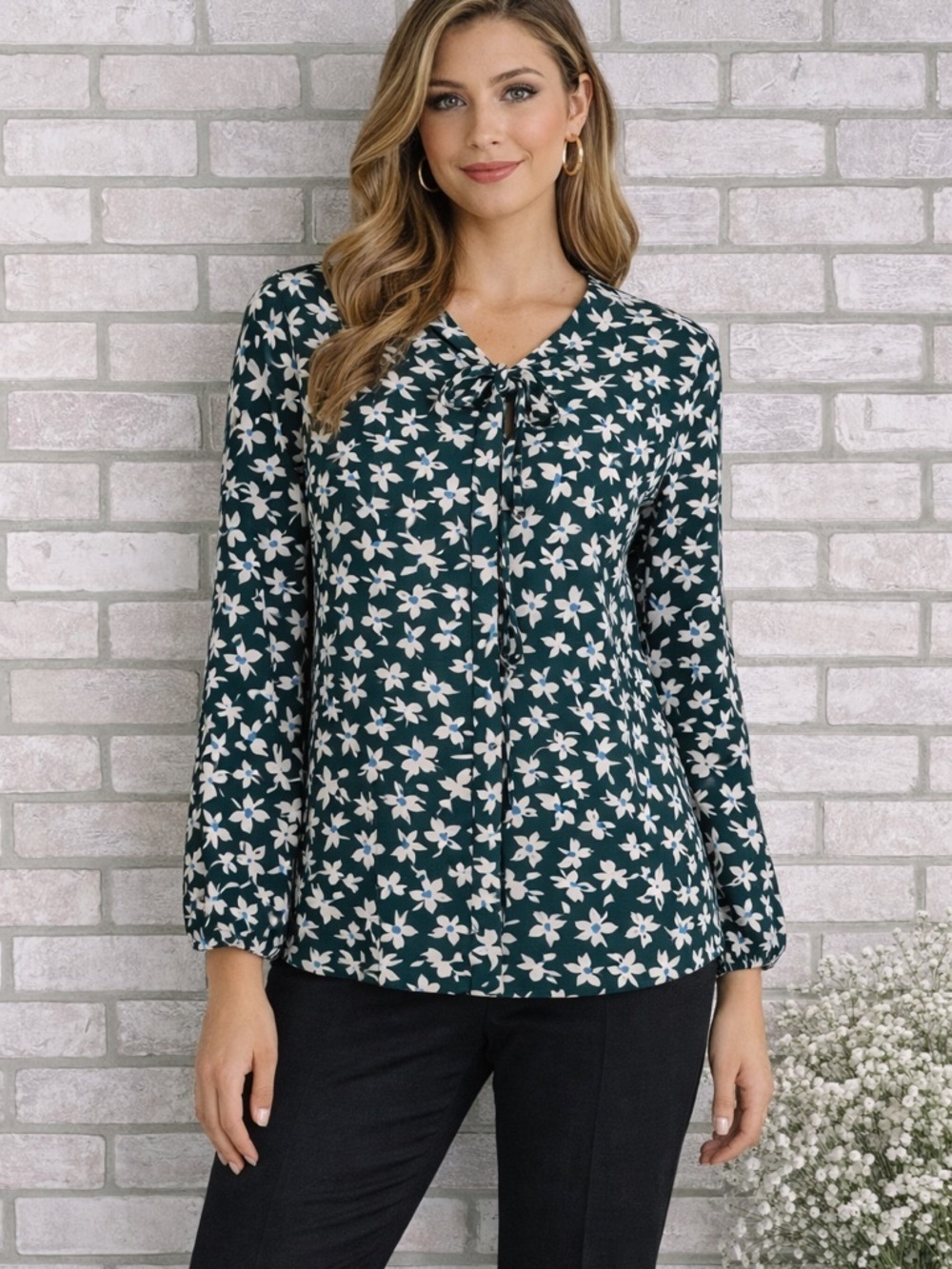 Ann Taylor Dark Green Floral Tie-Neck Long Sleeve Blouse Size XL